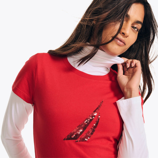 Franela cuello redondo con logo de lentejuelas
