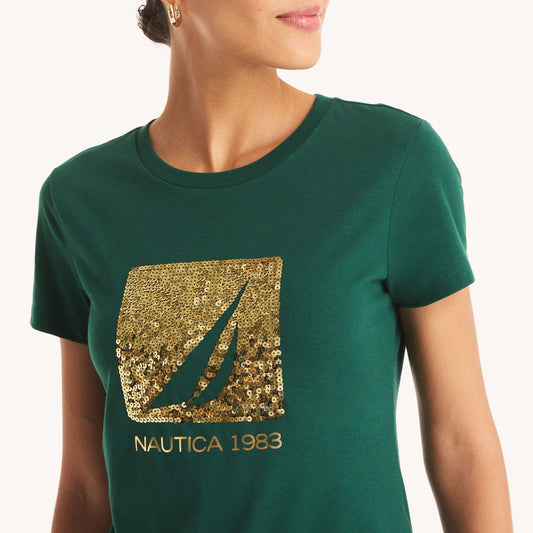 Franela cuello redondo con estampado de lentejuelas