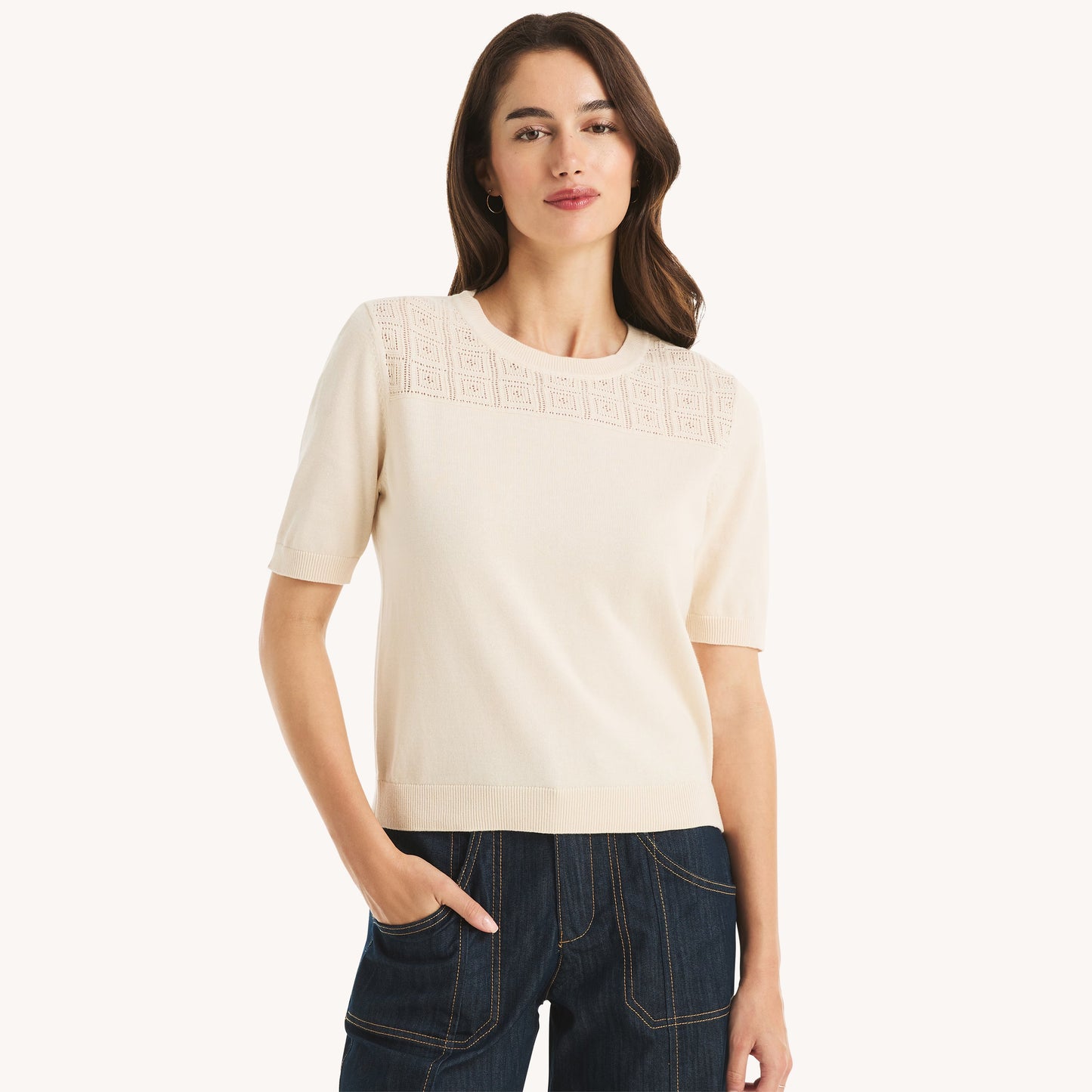 Suéter manga corta con mangas y cuello acanalado