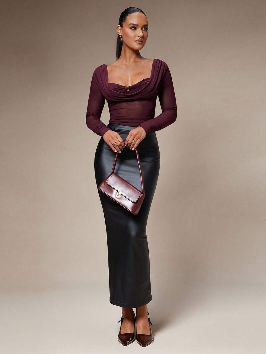 Blusa de manga larga ajustada, de malla transparente