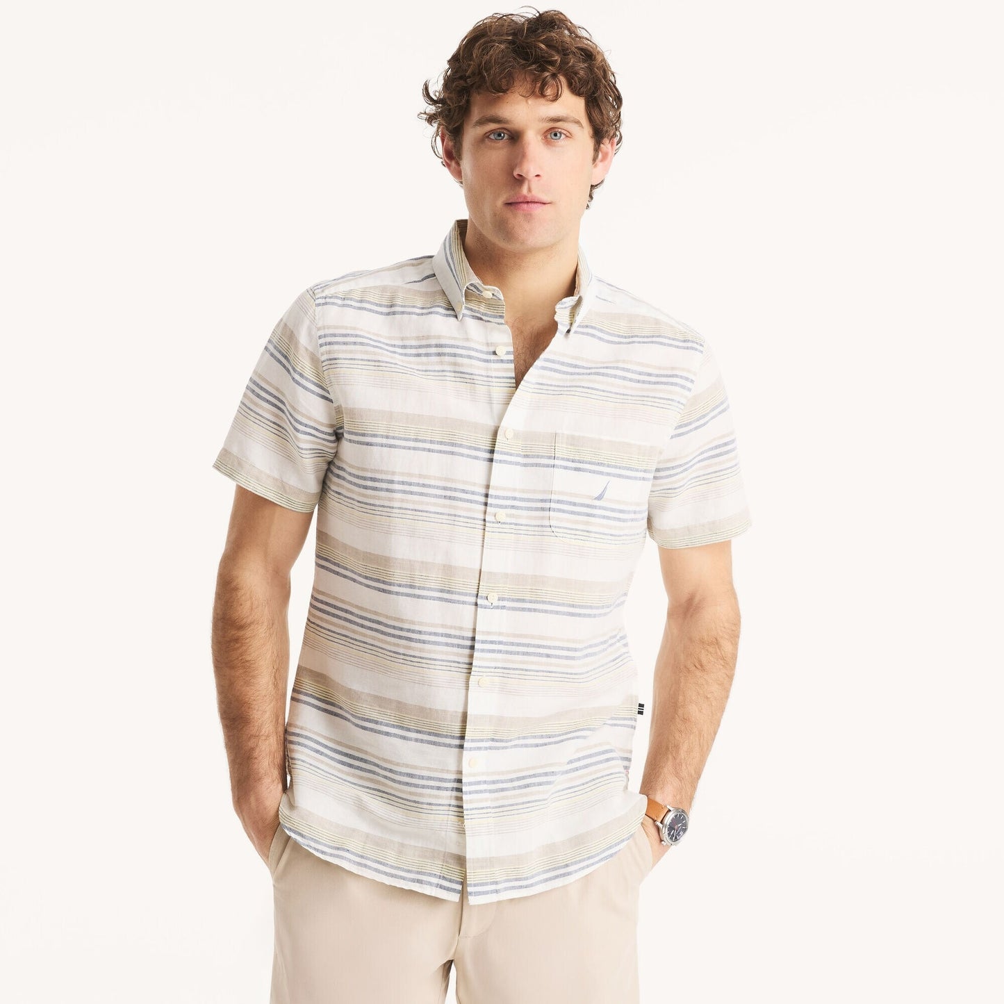 Camisa manga corta de lino con patrón de rayas