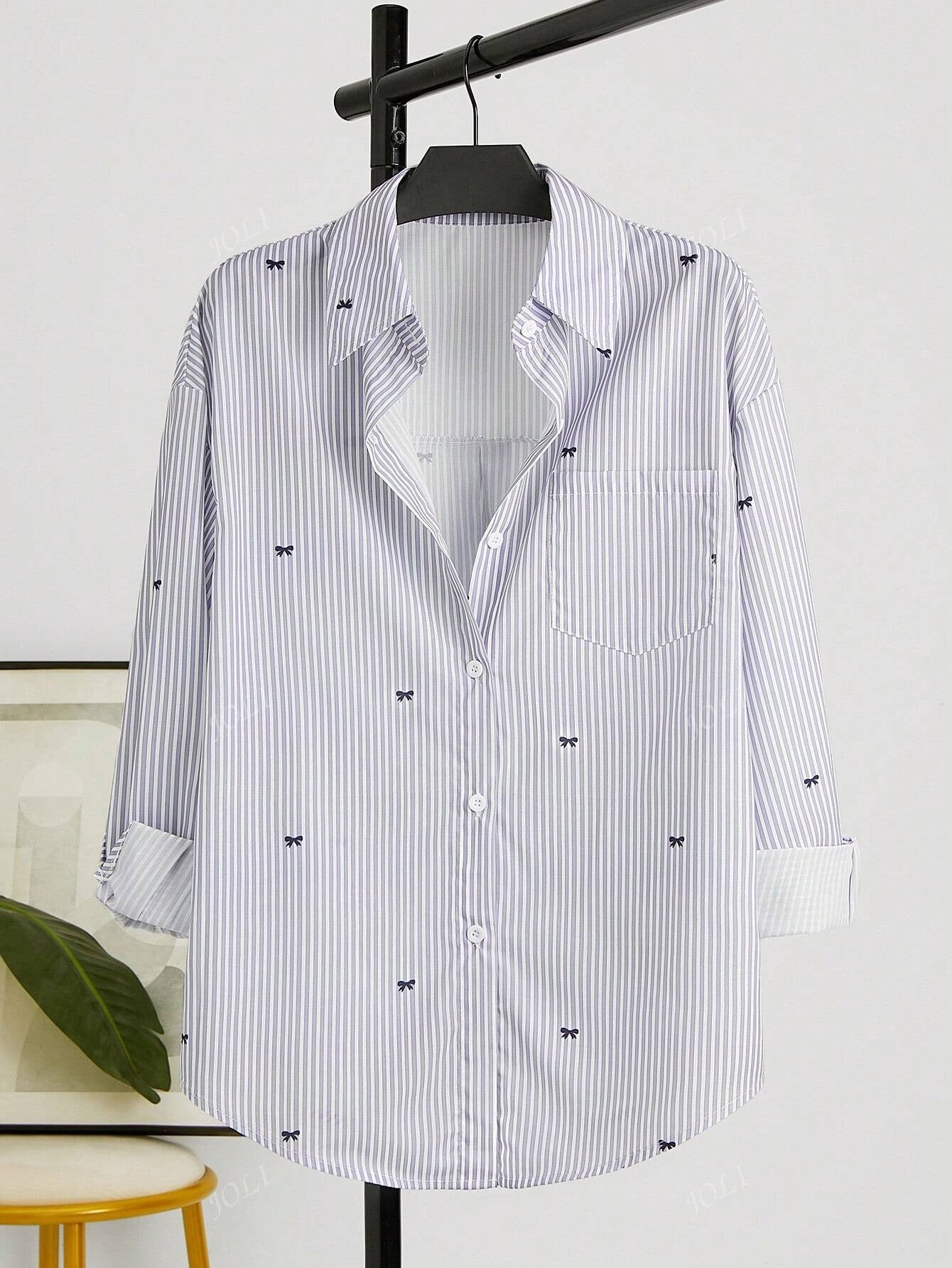 Blusa de manga larga con botones, estampado de rayas y lazos