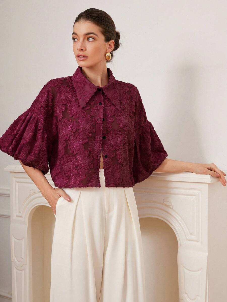 Blusa de manga abullonada con diseño de flores texturizadas