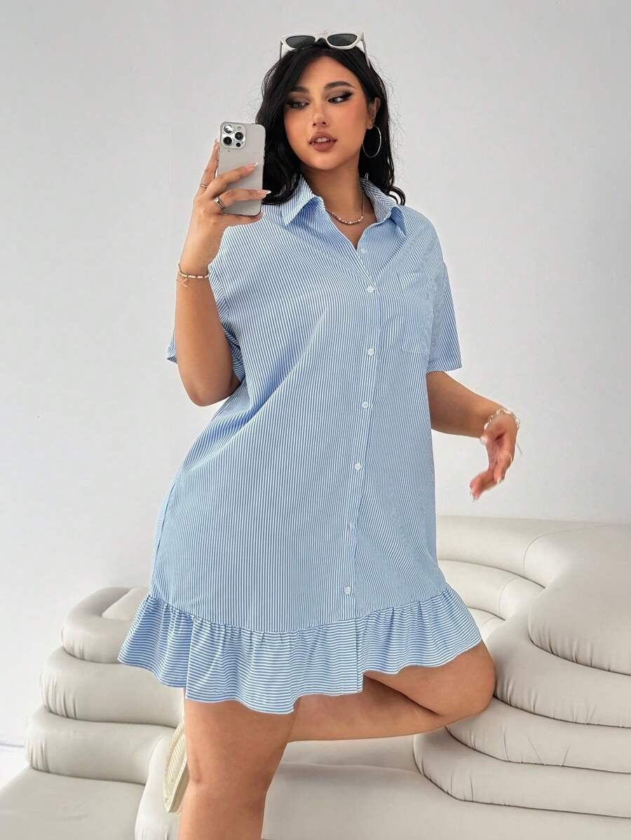 Vestido casual holgado de manga corta con volantes a rayas