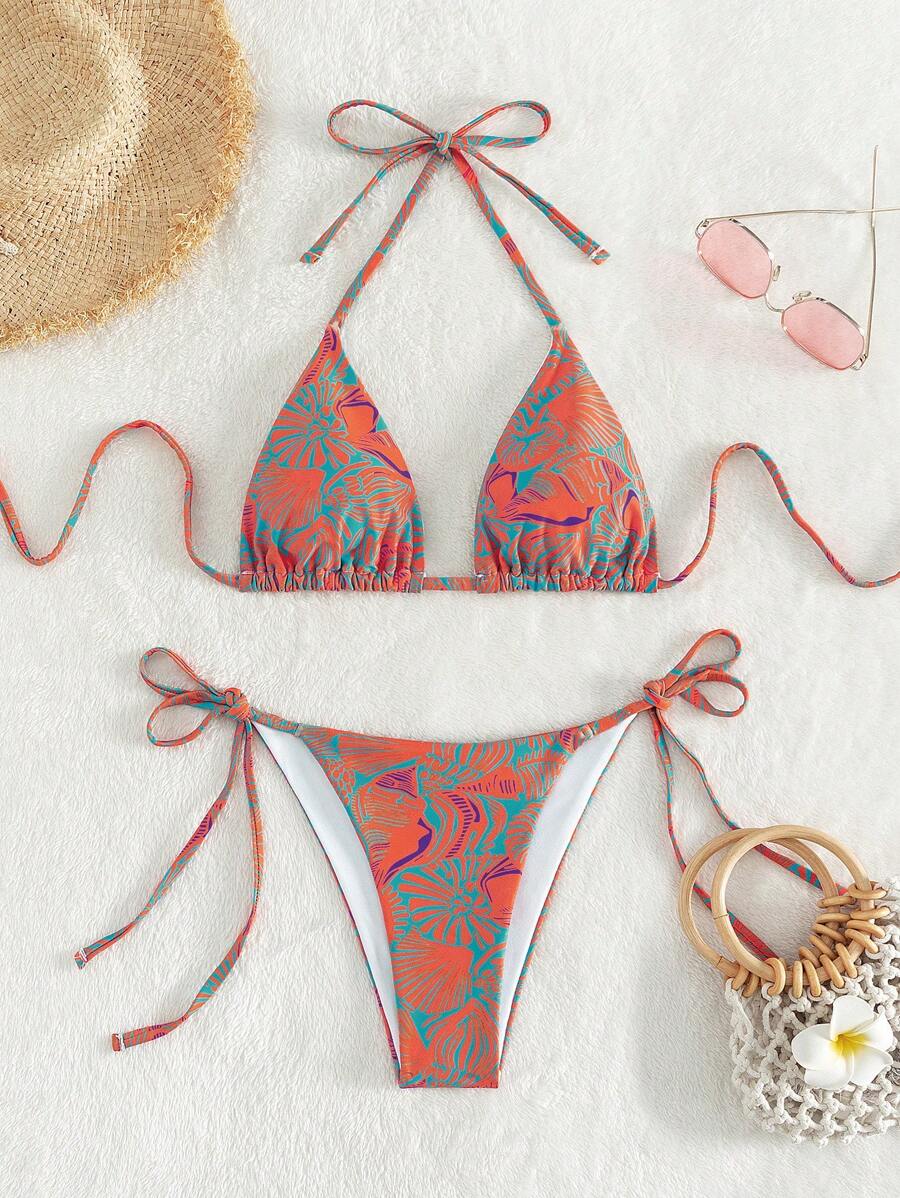 Bañador bikini triángulo halter con estampado de concha