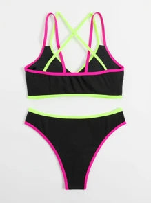 Bañador bikini de contraste con tira cruzada