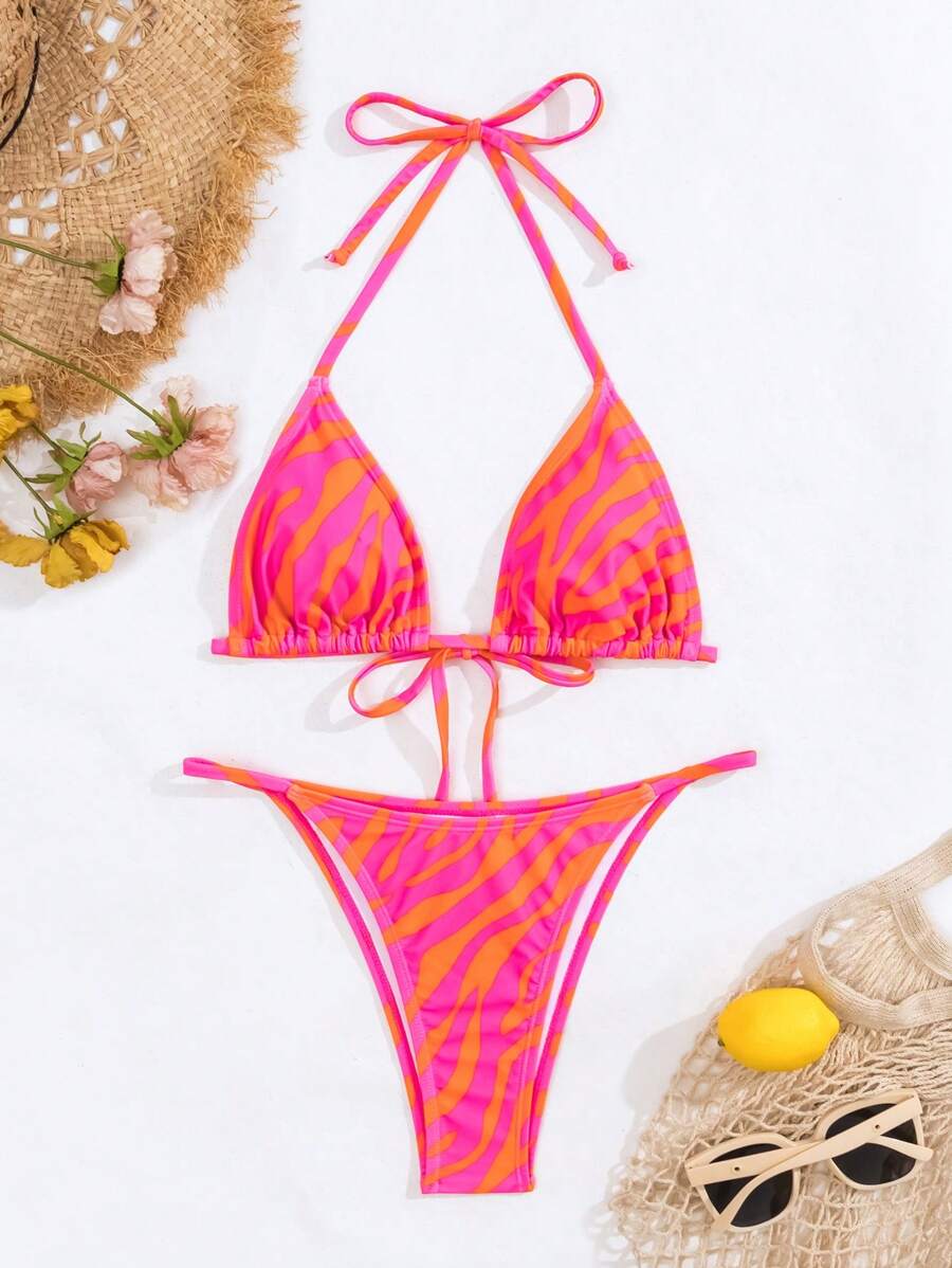 Bañador bikini triángulo halter de rayas de cebra