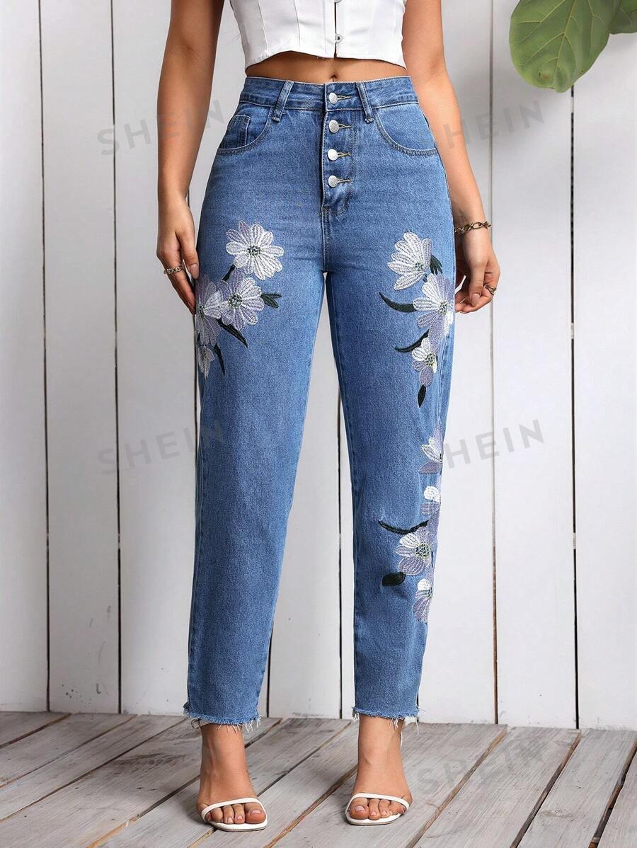 Jeans con estampado floral de cintura alta