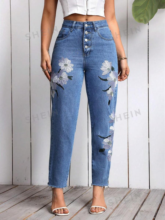 Jeans con estampado floral de cintura alta