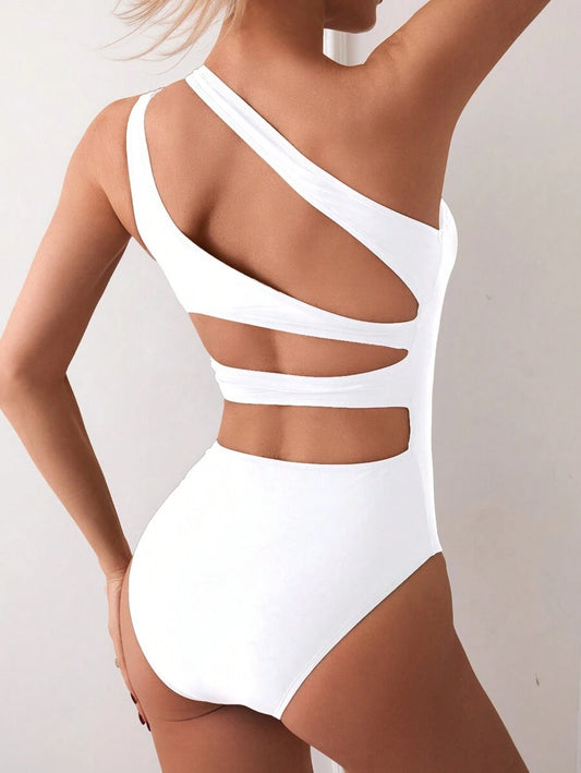 Traje de baño casual de una pieza con corte de un hombro