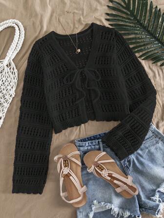 Cardigan de tejido calado con lazo delantero