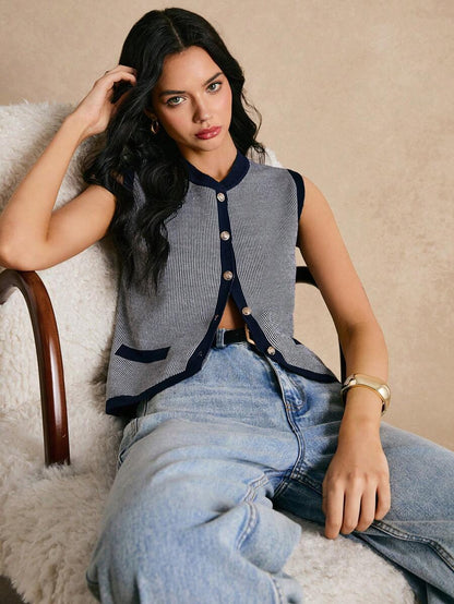 Chaleco de punto de bloques de color y rayas