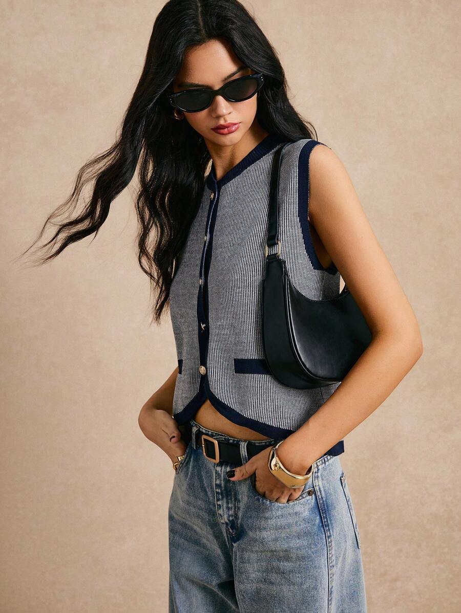 Chaleco de punto de bloques de color y rayas