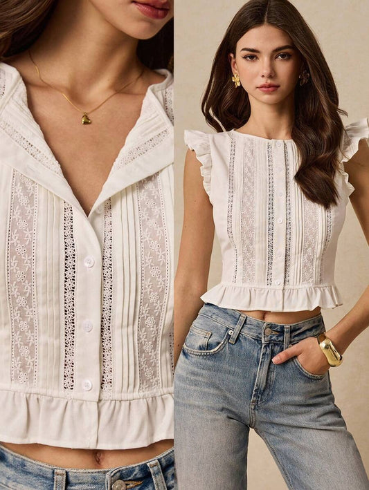 Blusa bordada y encaje manga de volantes