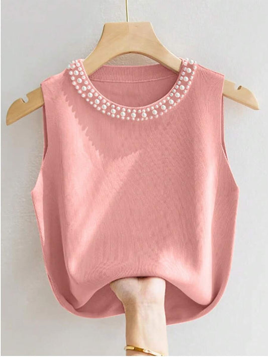 Chaleco sin manga con perlas en el cuello