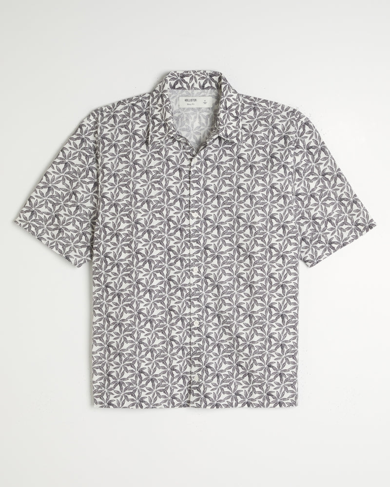 Camisa manga corta de corte cuadrado mezcla de lino con estampado