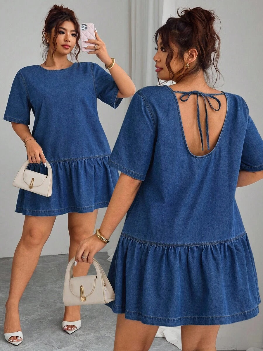 Vestido denim con dobladillo de volantes