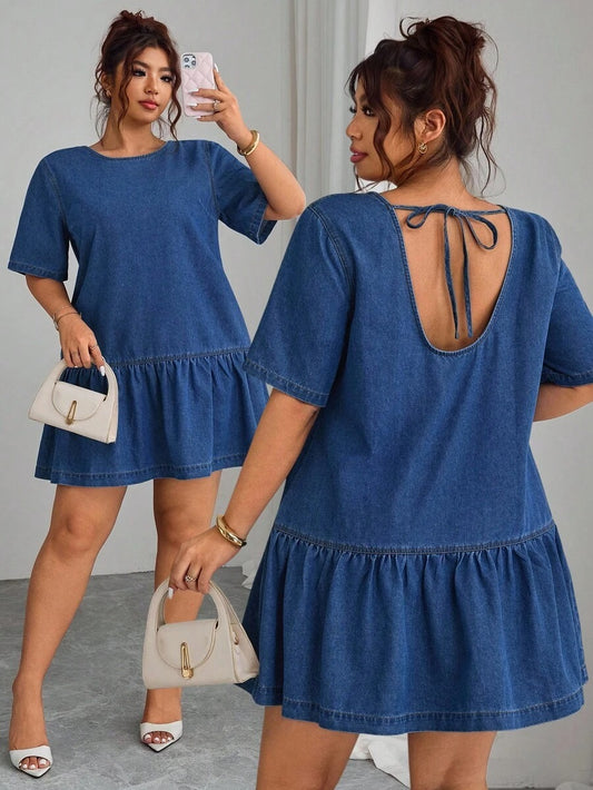 Vestido denim con dobladillo de volantes