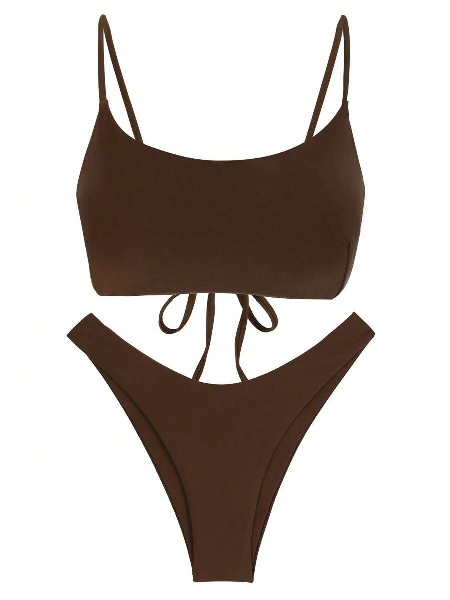 Bikini de un solo color, con tirantes finos y espalda abierta