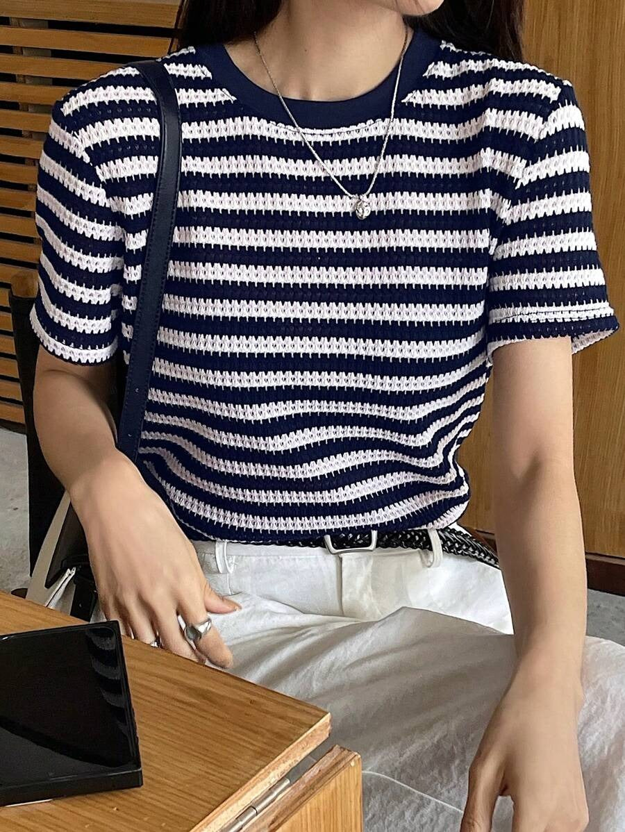 Camiseta de manga corta casual  con estampado de cuadros en bloques de color