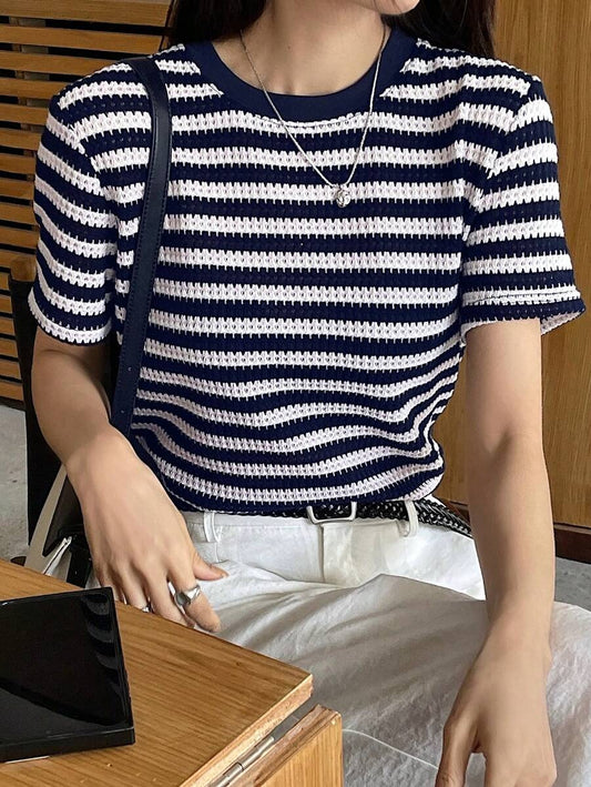 Camiseta de manga corta casual  con estampado de cuadros en bloques de color