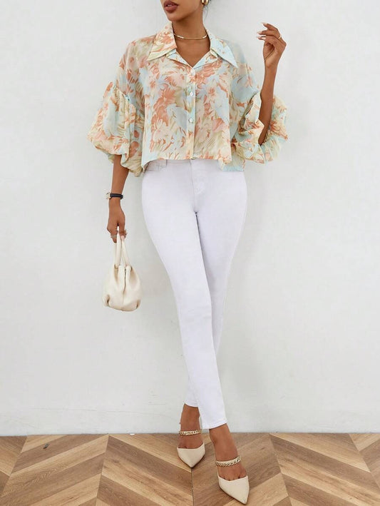 Blusa de manga abullonada con estampado floral