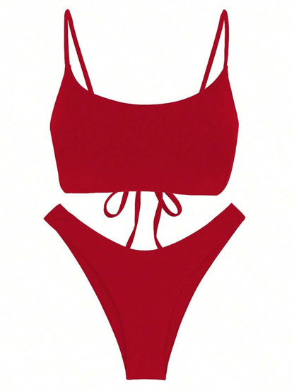 Bikini  sólido con tirantes de amarre y espalda descubierta