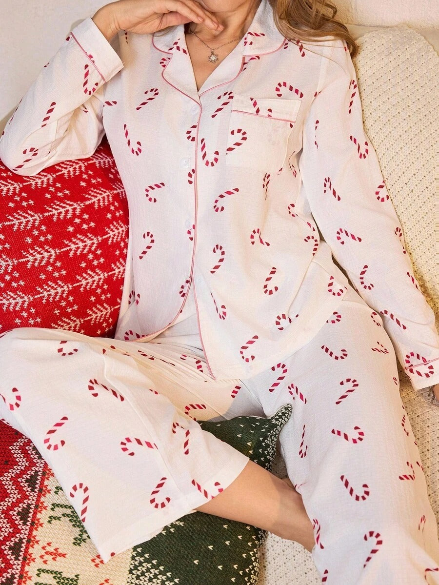 Pijama de manga larga con estampado de bastones navideños