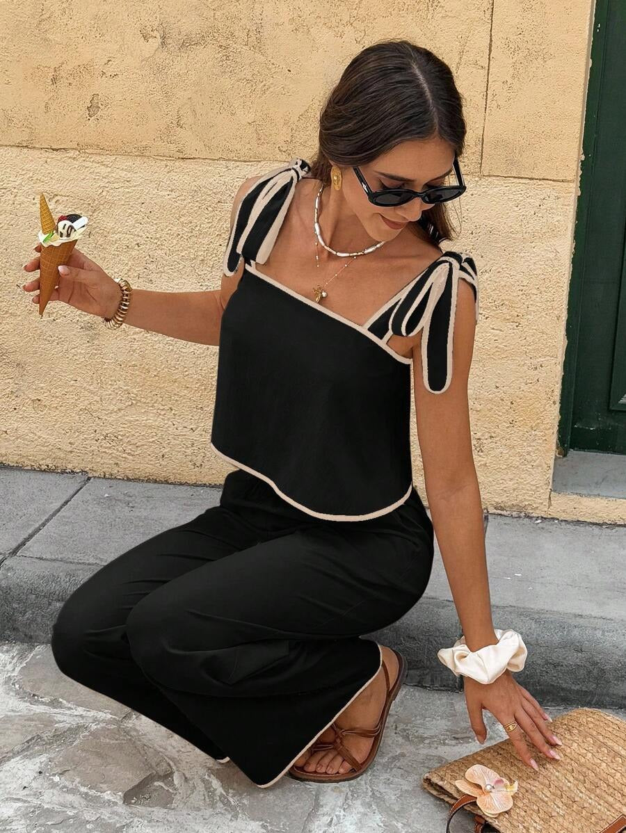 Conjunto de dos piezas top con ribete de contraste