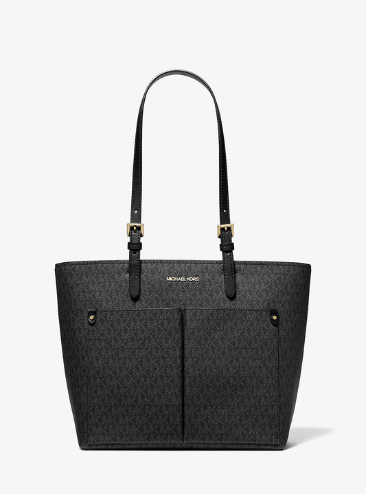 Cartera mediana tipo tote con bolsillo y logo estampado