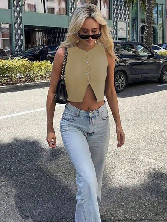 Top sin magas cuello redondo y cintura en triangulo