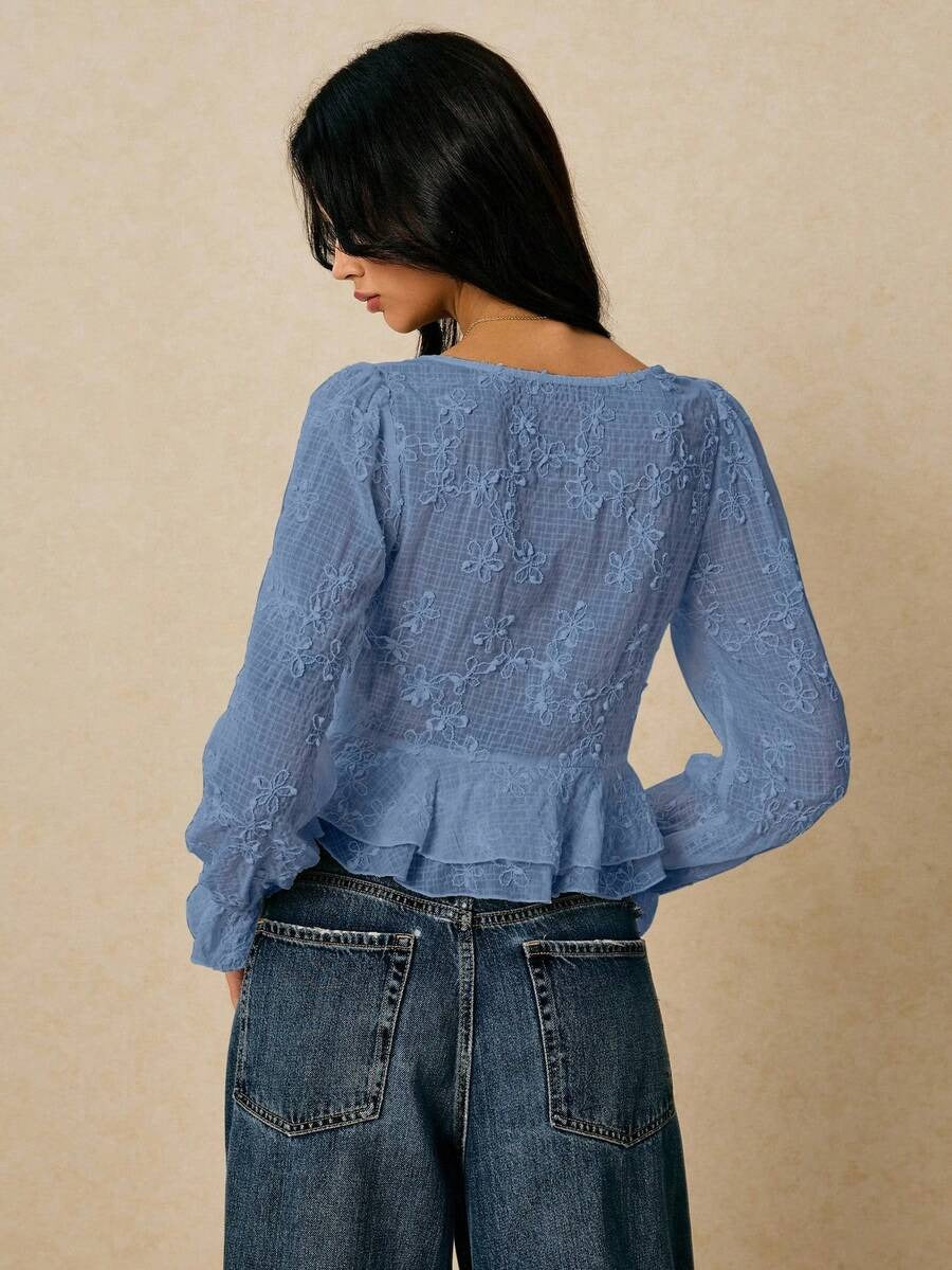 Blusa elegante cuello V y bordado floral