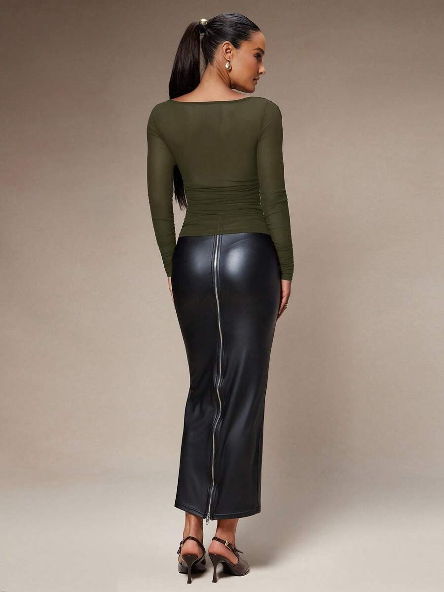 Blusa de manga larga ajustada, de malla transparente