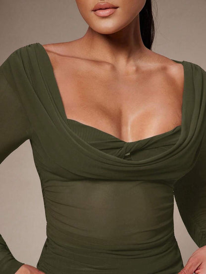 Blusa de manga larga ajustada, de malla transparente