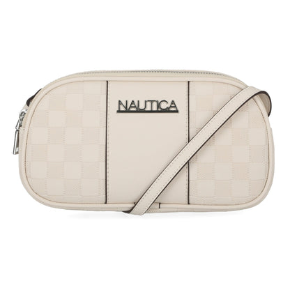 Cartera tipo bandolero con patrón tejido