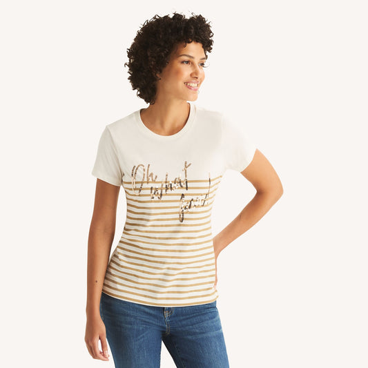 Franela cuello redondo con lentejuelas y rayas