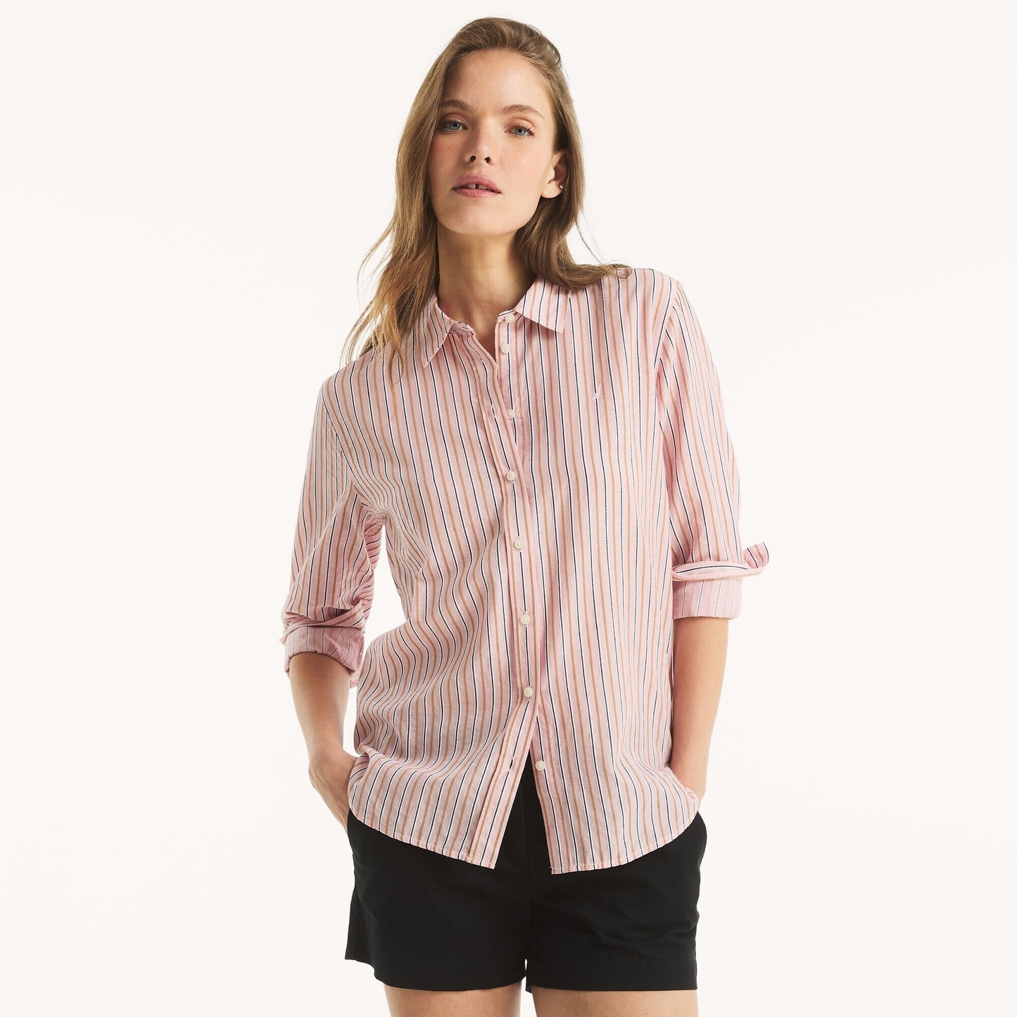 Camisa manga larga unicolor con logo y rayas