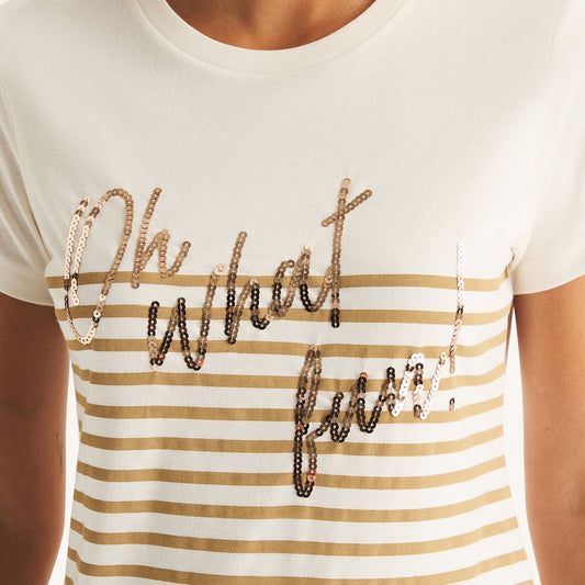 Franela cuello redondo con lentejuelas y rayas