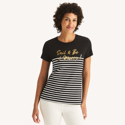 Franela cuello redondo con estampado y rayas