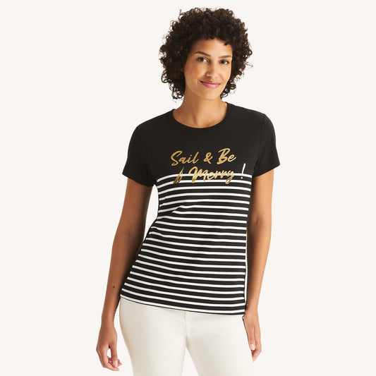 Franela cuello redondo con estampado y rayas