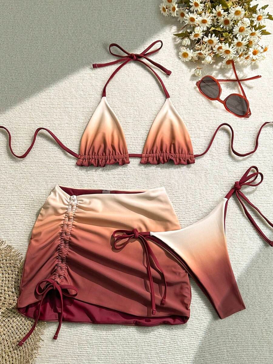 Set de 3 piezas de bikini reversible en color teñido anudado