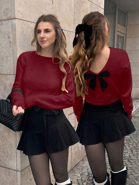 Suéter de punto de cuello redondo y manga larga con diseño de escote en V y lazo