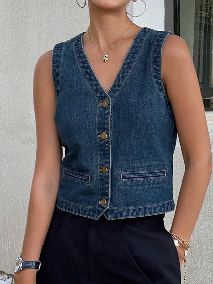 Blusa cuello en V sin mangas de jeans