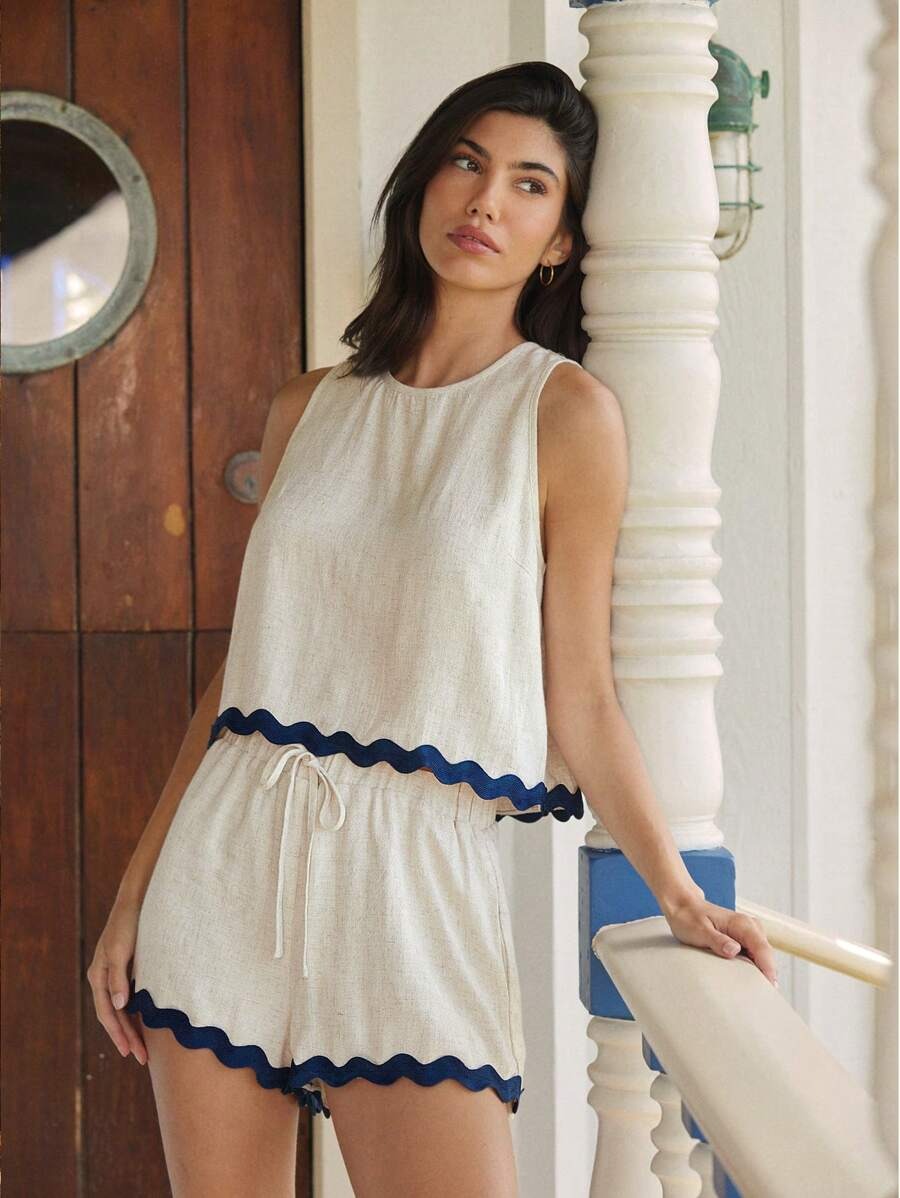 Conjunto 2 piezas top de tirantes y short costuras en zig zag