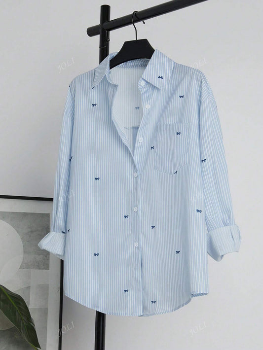 Blusa de manga larga con botones, estampado de rayas y lazos