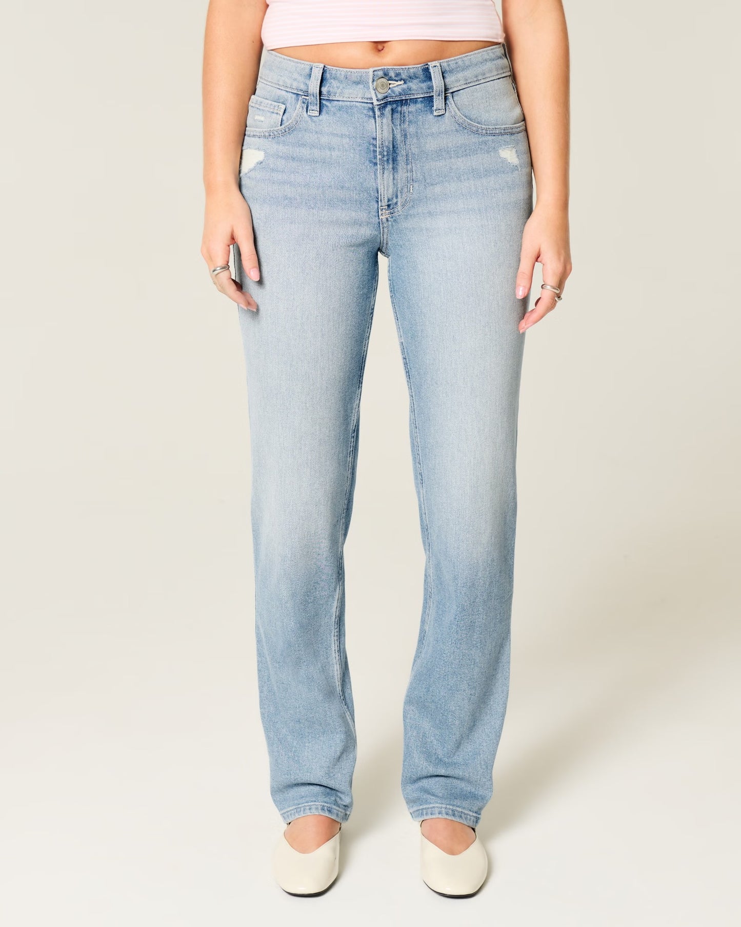 Jeans de tiro alto rectos con lavado claro desgastado