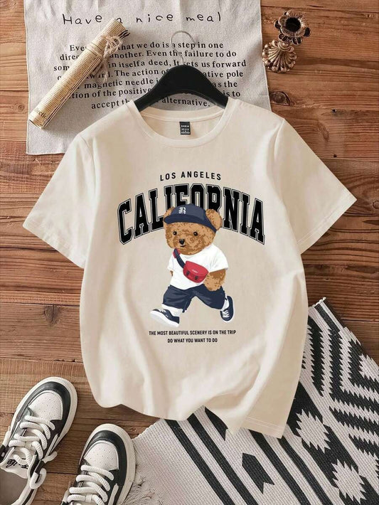 Camiseta holgada de manga corta y cuello redondo con gráfico de California y oso