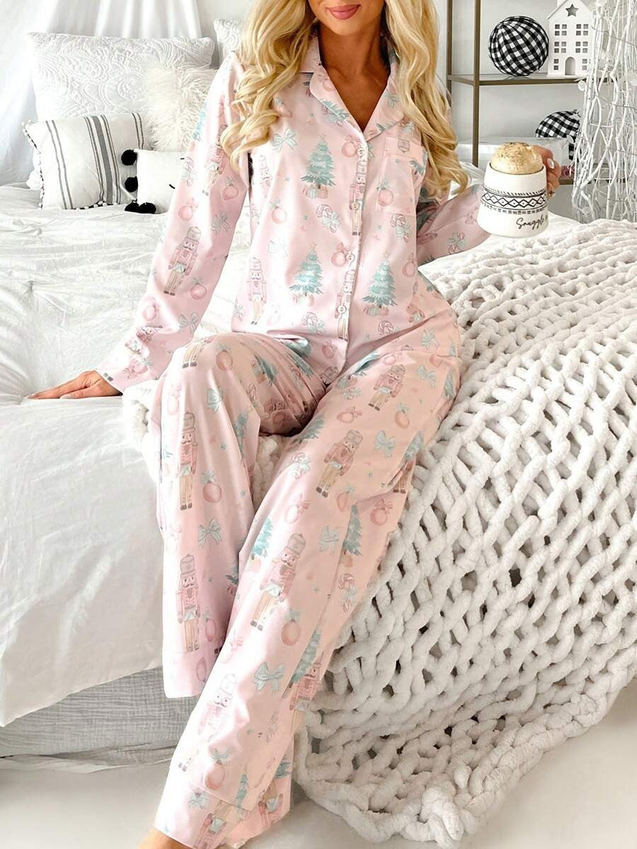 Pijama con estampado de Papá Noel y árbol de Navidad, de manga larga y pantalones