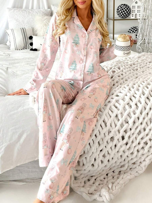 Pijama con estampado de Papá Noel y árbol de Navidad, de manga larga y pantalones