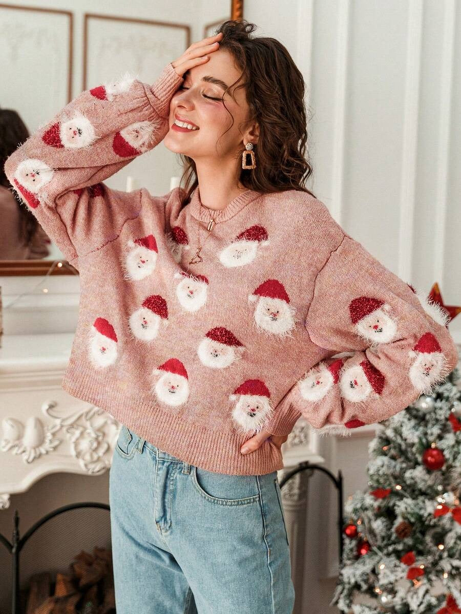 Suéter con estampado de Papá Noel y hombros caídos